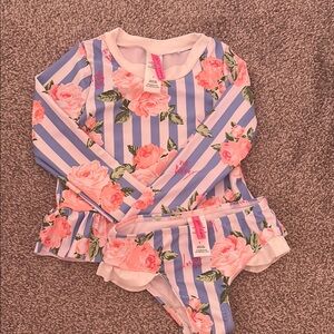 Betsey Johnson Pink Floral Blue Striped Swimwear